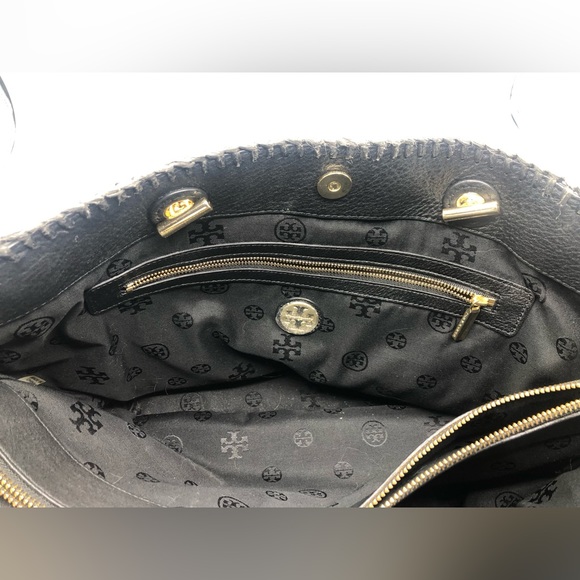 Tory Burch Marion Raffia Straw Tote Blue Black Stripes Leather Trimmed + Wallet - Picture 6 of 16